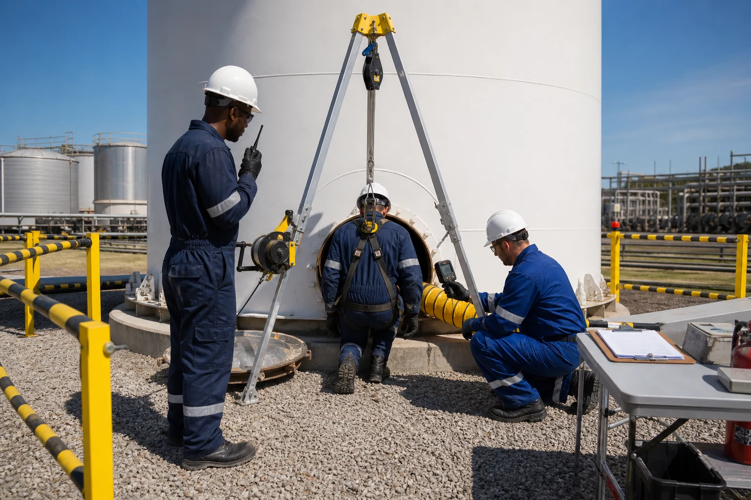 Worker entering an industrial tank manway with retrieval tripod, gas testing and ventilation
