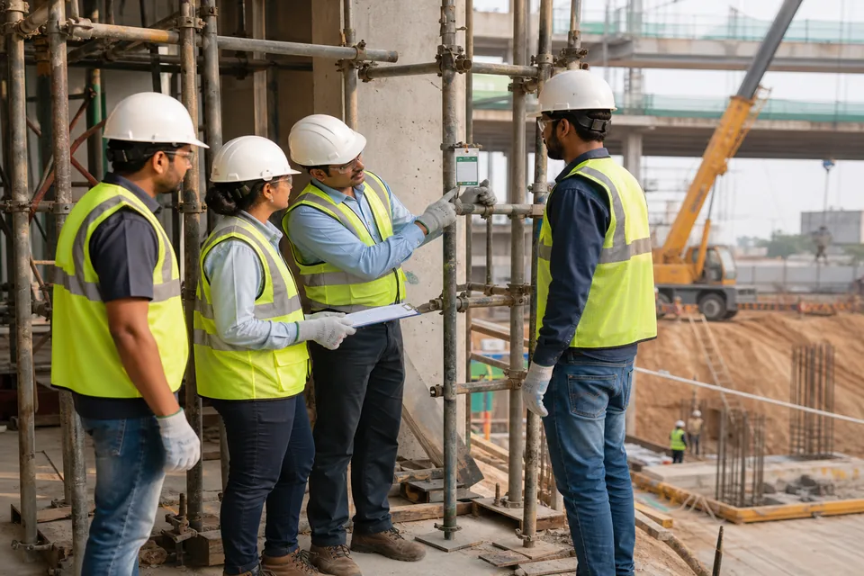 Construction safety professionals inspecting a worksite
