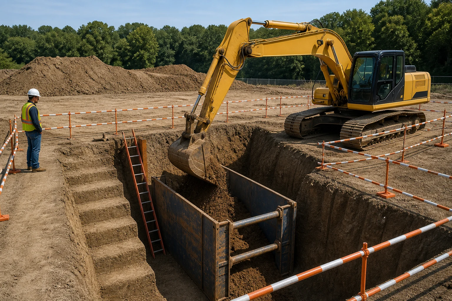 Tracked excavator working beside a deep barricaded trench with shoring, benching and ladder access