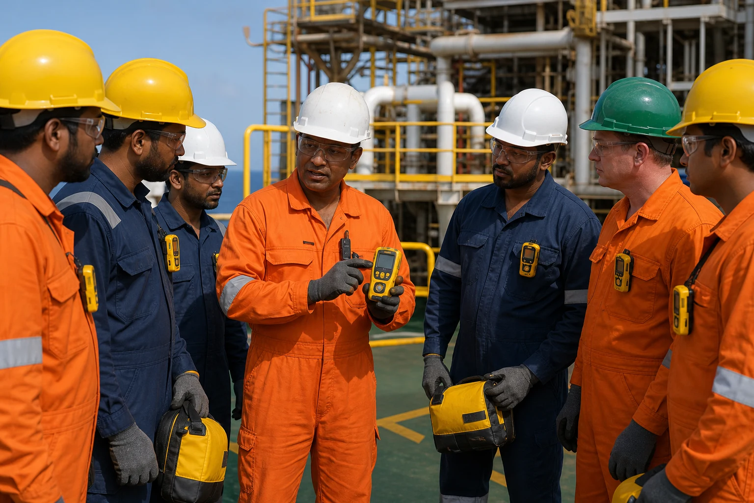 Instructor briefing industrial trainees on hydrogen sulphide detection and respiratory escape equipment