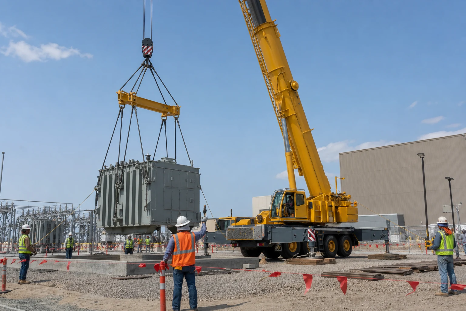 Mobile crane lifting a heavy electrical transformer with a spreader beam and controlled rigging