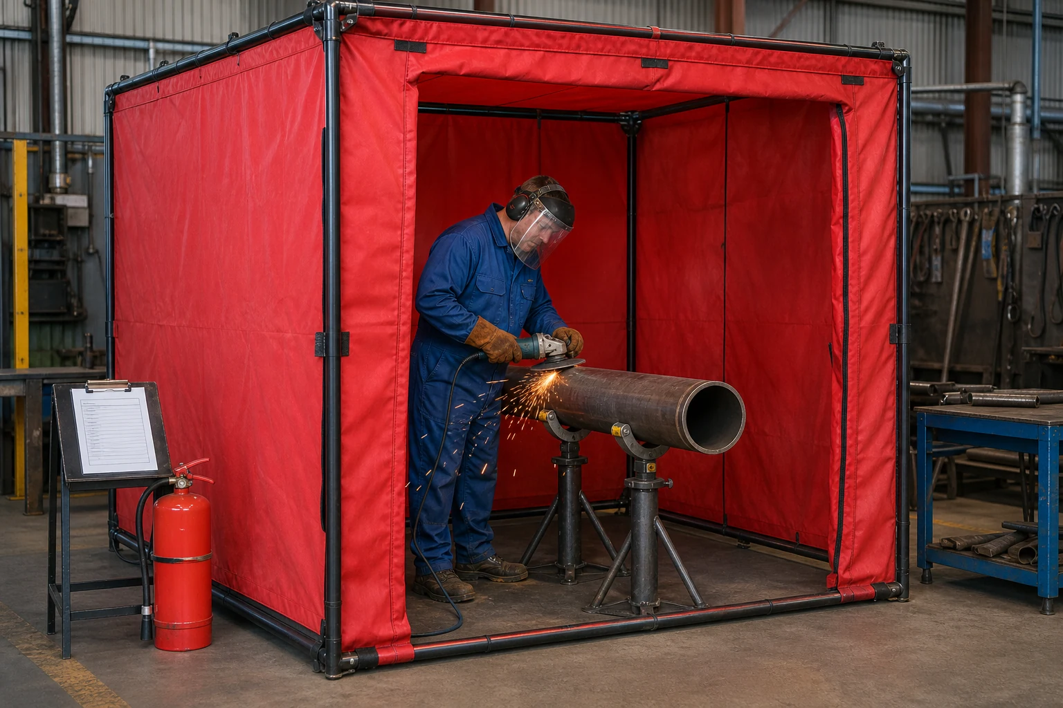 Worker grinding a steel pipe inside a welding fire-blanket enclosure during hot-work safety training
