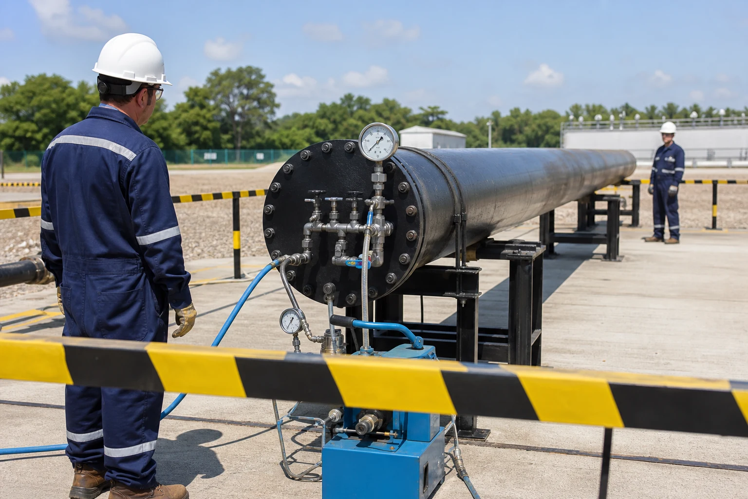 Technician monitoring a barricaded pipeline hydrostatic pressure test from a safe control position